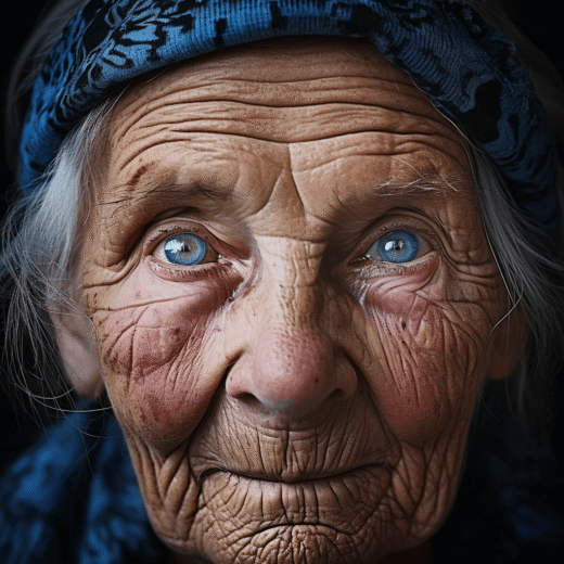 Osteuropäische Dame mit blauen Augen und Glaukom schaut direkt in die Kamera mit einem ruhigen und friedlichen Blick.