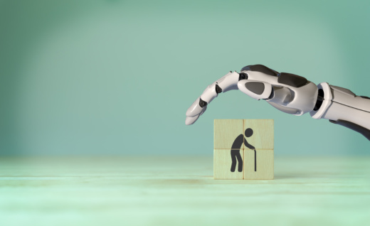 Roboter hält seine Hand über Symbol eines Senioren.