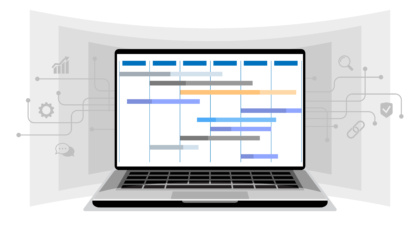 Auf dieser Grafik ist zentral ein Laptop abgebildet. Auf dem Laptop ist mit farbigen Blöcken ein Zeitplan abgebildet. Es ist kein Text auf den Blöcken zu sehen. Im Hintergrund ist grau mehrere Grafiken von Sprechblasen, Lupen, Zahnrädern verbunden mit Verbindungsknoten.