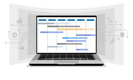 Auf dieser Grafik ist zentral ein Laptop abgebildet. Auf dem Laptop ist mit farbigen Blöcken ein Zeitplan abgebildet. Es ist kein Text auf den Blöcken zu sehen. Im Hintergrund ist grau mehrere Grafiken von Sprechblasen, Lupen, Zahnrädern verbunden mit Verbindungsknoten.