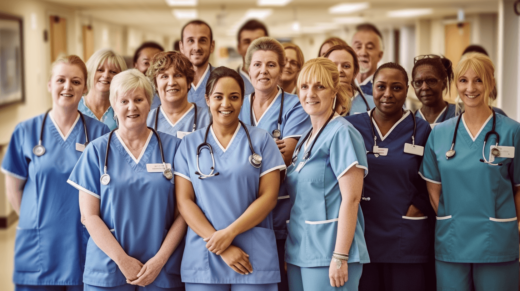 Eine Gruppe von mehreren Pflegern allen Alters und Ethnien in hellblauen, dunkelblauen und hellgrünen Pflegekitteln posieren vor der Kamera. Sie lächeln in die Kamera. Alle tragen ein schwarzes Stethoskop um den Hals und ein weißes Namensschild über der linken Brust.
