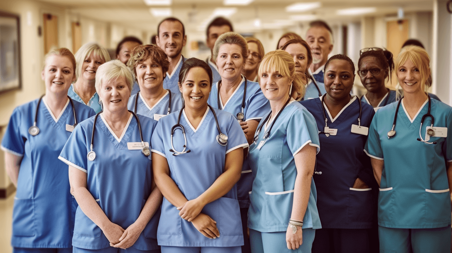 Eine Gruppe von mehreren Pflegern allen Alters und Ethnien in hellblauen, dunkelblauen und hellgrünen Pflegekitteln posieren vor der Kamera. Sie lächeln in die Kamera. Alle tragen ein schwarzes Stethoskop um den Hals und ein weißes Namensschild über der linken Brust.