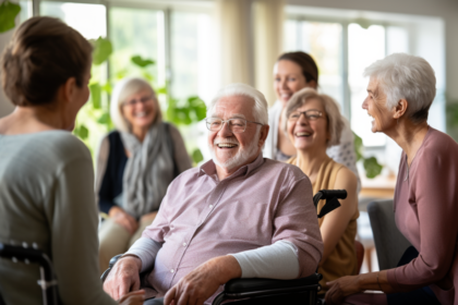 Eine Gruppe Senioren sitzt zusammen in einem Aufenthaltsraum. Der Mann im Zentrum des Bildes sitzt in einem Rollstuhl. Er trägt ein lachsfarbenes Hemd und eine Brille. Sowohl er als auch die Senioren um ihn herum lachen herzlich. Im Hintergrund sind mehrere Topfpflanzen und eine Fensterfront zu erkennen.