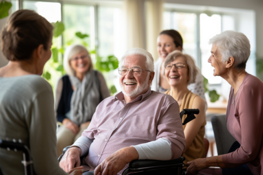 Eine Gruppe Senioren sitzt zusammen in einem Aufenthaltsraum. Der Mann im Zentrum des Bildes sitzt in einem Rollstuhl. Er trägt ein lachsfarbenes Hemd und eine Brille. Sowohl er als auch die Senioren um ihn herum lachen herzlich. Im Hintergrund sind mehrere Topfpflanzen und eine Fensterfront zu erkennen.