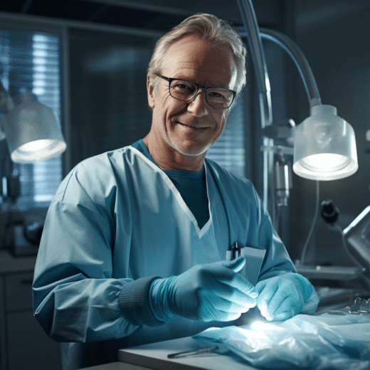 Arzt. Ende 50, im OP Raum und mit Einmalhandschuhen bereitet sich auf nächste Operation vor.