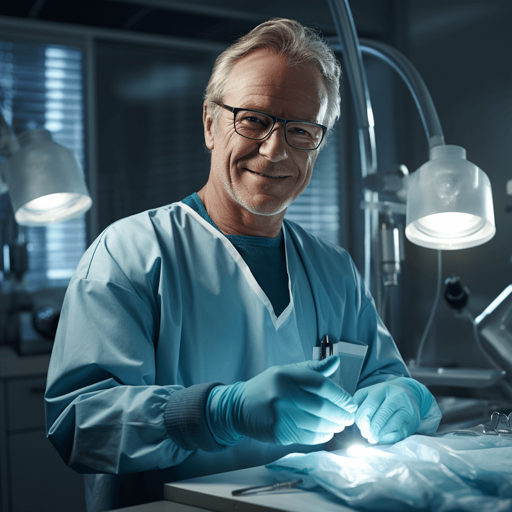 Arzt. Ende 50, im OP Raum und mit Einmalhandschuhen bereitet sich auf nächste Operation vor.