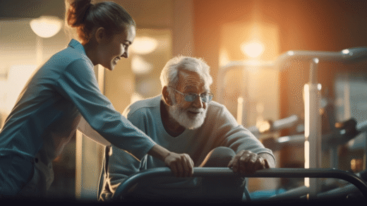 Ein Senior in einem grauen Sweatshirt und einer Brille trainiert an einem Trainingsgerät den Beckenboden. Eine Pflegerin in einer hellblauen Bluse assistiert links neben ihm. Sie lächelt fröhlich und der Senior hat einen entspannten Gesichtsausdruck. Im Hintergrund sind weitere Trainingsgeräte zu erkennen und die Abendsonne scheint durch das Fenster.