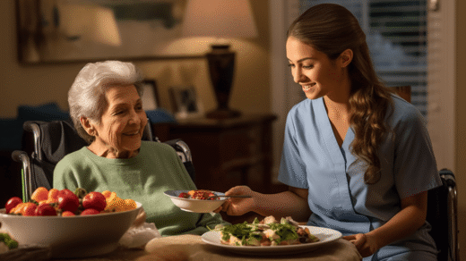 Eine junge Pflegerin in einem blauen Kittel sitzt mit einer Rentnerin im Rollstuhl an einem kleinen Esstisch. Die Rentnerin trägt einen grünen Strickpullover und beide lächeln zufrieden. Auf dem Esstisch stehen links eine Schale mit Obst und rechts ein Gericht aus mehreren Gemüsesorten. Die Pflegerin reicht der Rentnerin eine weitere Schale mit Essen. Im Hintergrund ist eine Sideboard mit einer Tischlampe zu sehen und ein Fenster. Draußen ist es dunkel, aber die Tischlampe erleuchtet den Raum.