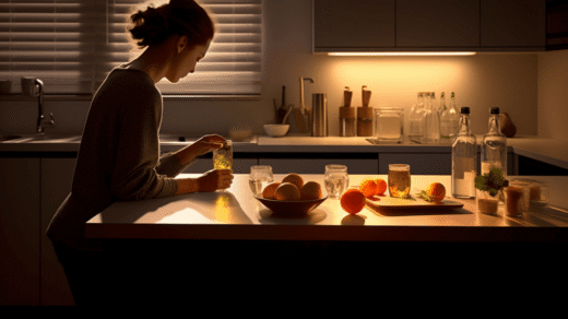 Eine Frau steht in einer abgedunkelten Küche. Auf der Küchentheke stehen mehrere Flaschen und Gläser mit Flüssignahrung sowie mehrere Obstsorten. Die Frau lehnt an der Küchentheke und hält ein Glas Wasser in den Händen. Im Hintergrund ist das Waschbecken der Küche sowie Oberschränke und mehrere Küchenutensilien zu erkennen.