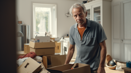 Stirn in die Kamera. Vor ihm und links neben ihm stehen mehrere geöffnete Umzugskartons gefüllt mit Gegenständen. Im Hintergrund sind ein weißer Schrank mit Glasfront neben einer weißen Flügeltür zu sehen. Weitere Gegenstände liegen im Hintergrund auf dem Boden. Durch ein Fenster im Hintergrund scheint Tageslicht in das Zimmer.