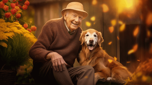 Älterer Herr mit Golden Retriever im herbstlichen Garten in orange-rot-braune Tönen.
