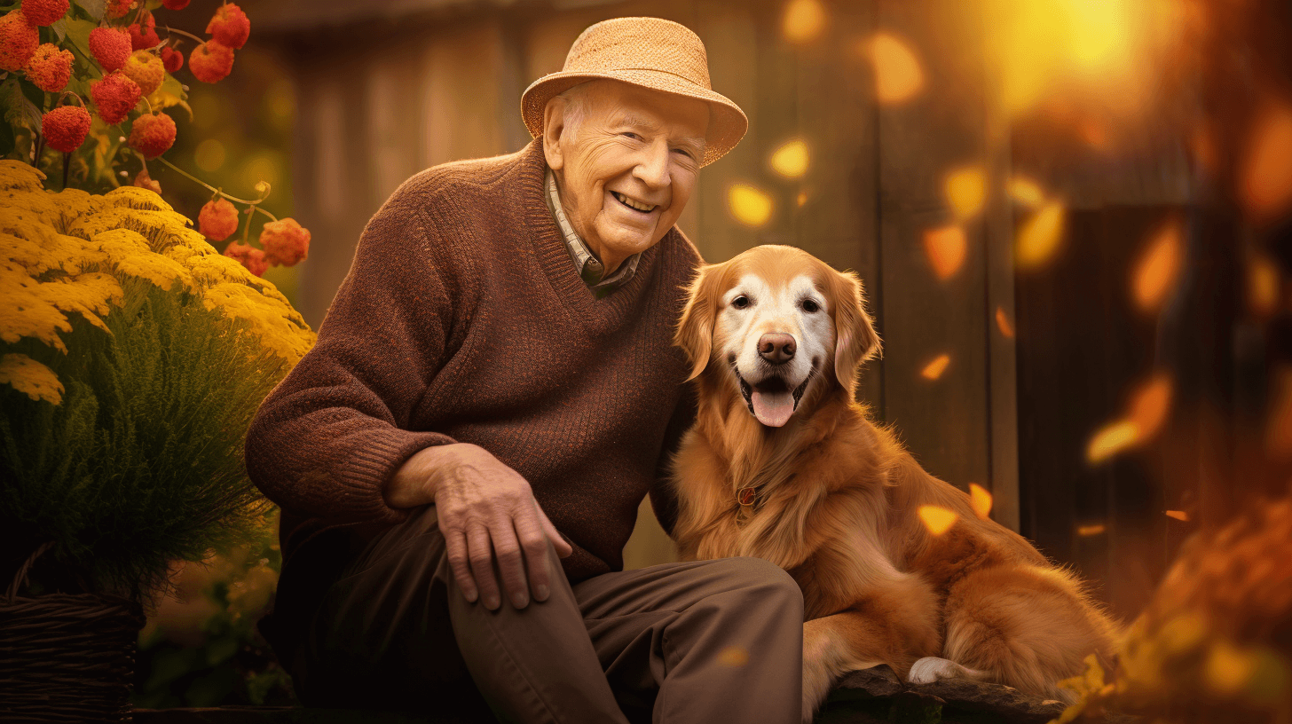 Älterer Herr mit Golden Retriever im herbstlichen Garten in orange-rot-braune Tönen.