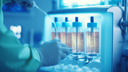 Das Bild zeigt eine Nahaufnahme eines medizinischen Geräts mit mehreren Glasflaschen gefüllt mit flüssiger Nahrung. Eine Pflegekraft mit Einmalhandschuhen bereitet eine Infusion zur parenteralen Ernährung vor.