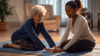 Eine junge Frau mit dunkler Hautfarbe unterstützt eine Rentnerin mit dunkelblauem Shirt und Trainingshose mit Blumenmuster bei Entspannungsübungen. Die beiden haben in einem modernen Wohnzimmer eine dunkelblaue Yogamatte ausgelegt. Im Hintergrund ist ein weißer Sessel und eine Topfpflanze zu erkennen. Die Rentnerin und die junge Frau sehen zufrieden aus.