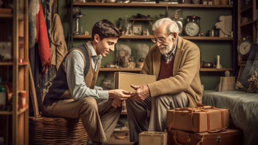 Ein Rentner in einer hellbraunen Strickjacke sitzt in einem Wohnzimmer. Das Wohnzimmer ist dunkelgrün gestrichen und enthält mehrere Regale mit Dekorationsobjekten wie Uhren, Vasen und Gläser. Ihm gegenüber sitzt ein Junger Mann in einem braunen Pollunder und weißem Hemd. Er sitzt auf einem Hocker aus geflochtenem Holz. Er hält gemeinsam mit dem Rentner einen Holzkasten fest. Beide sehen zufrieden aus. Im Vordergrund neben dem Rentner sind mehrere altmodische aber gut gepflegte Koffer zu erkennen.