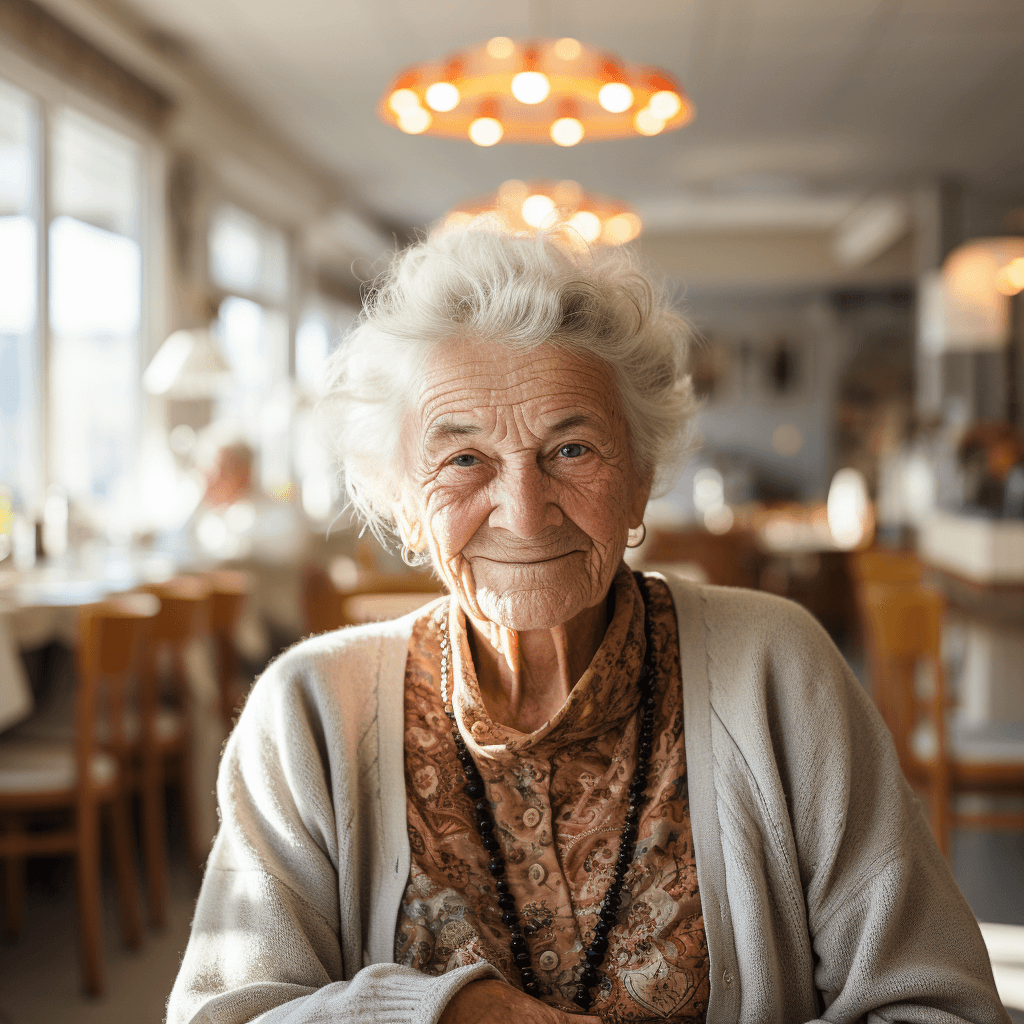 Ältere Dame mit kurzen gewellten Haaren trägt eine weitere Blumen gemusterte Bluse und einen Cardigan.