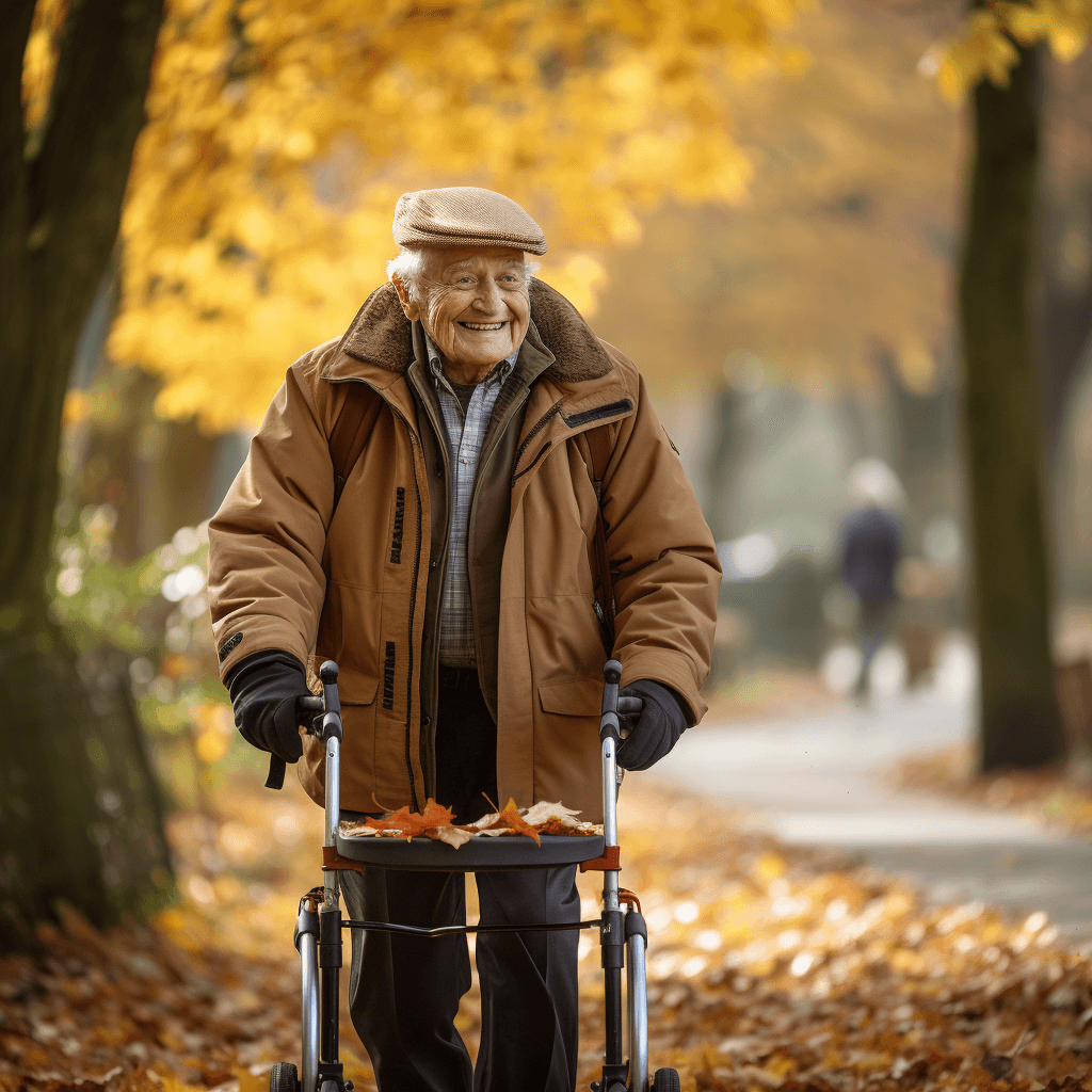 Senior mit Schirmkappe läuft mit Rollator durch den herbstlichen Park. Er erhält Pflegegeld zur finanziellen Entlastung.