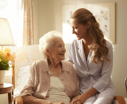 Seniore Dame sitzt im Sessel ihres Pflegeheims und wird herzlich von einer Pflegefachkraft am Rücken gestreichelt