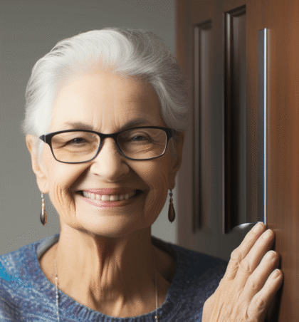 Ältere Dame mit Hornbrille ist angelehnt an einer Tür und lacht freundlich in die Kamera.