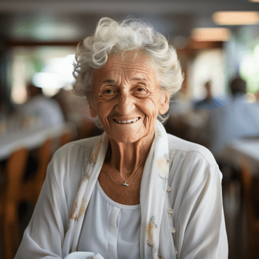 Seniore Dame lächelt freundlich in die Kamera. Sie trägt weiße Kleidung und hat weiße Locken.