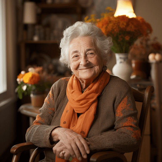 Seniore Dame mit weißen kurzen Haaren sitzt lächelnd in einem Holzstuhl. Die Umgebung sieht gemütlich aus in herbstlichen Farben wie Orange und Gelb.