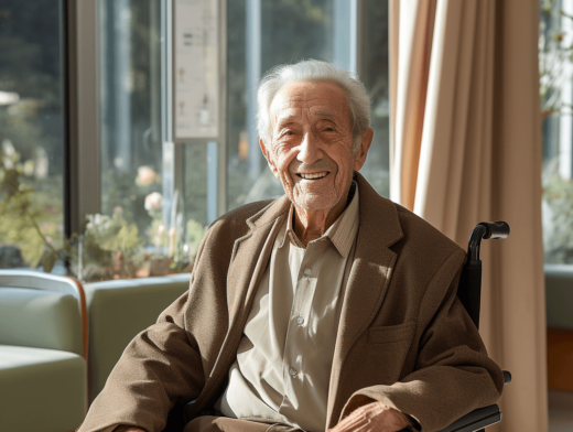 Älterer Mann sitzt in einem Rollstuhl. Er trägt ein Hemd und eine braune Jacke.