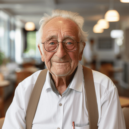 Senior mit Hosenträgern schaut in die Kamera.