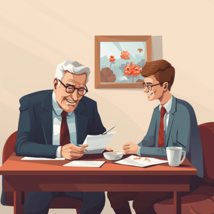 Comic auf dem zwei Männer, ein Senior und ein junger Mann, gemeinsam am Scheibtisch sitzen und Dokumente ausfüllen.