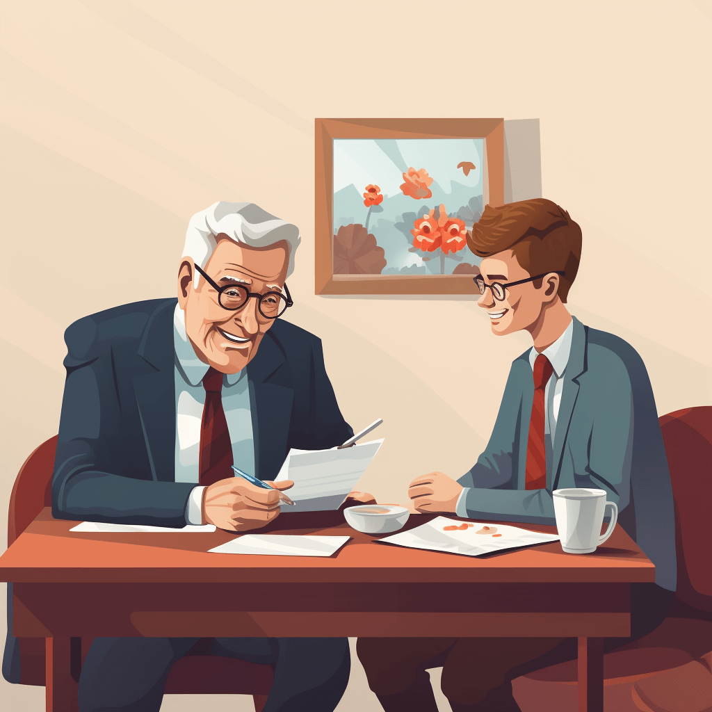 Comic auf dem zwei Männer, ein Senior und ein junger Mann, gemeinsam am Scheibtisch sitzen und Dokumente ausfüllen.