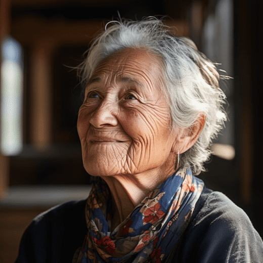 Dame mit schal und friedlichem blick nach oben