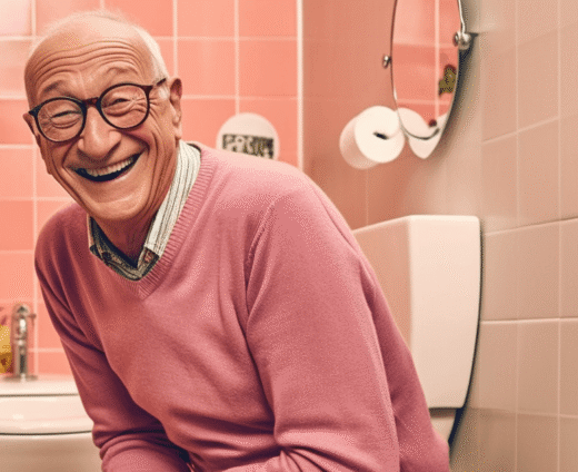 Seniorer Mann im Badezimmer. Rosa-pastellige Farben und ausgelassene Stimmung.