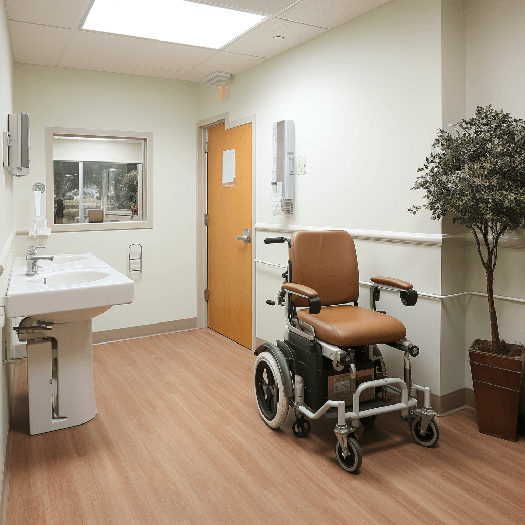 Voraum eines Badezimmers im Krankenhaus oder einer Pflegeeinrichtung mit Waschbecken und Rollstuhl.