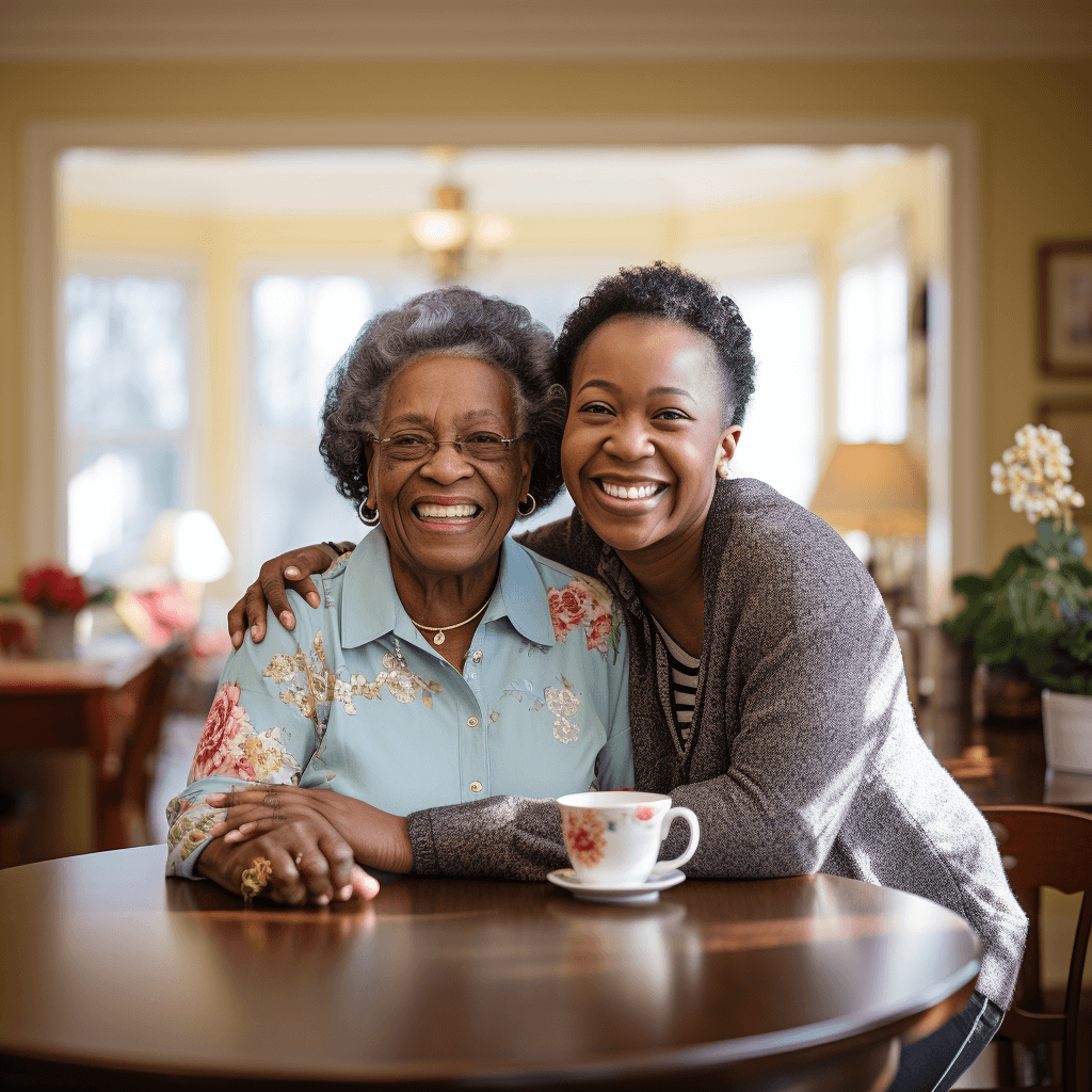 Im Zentrum des Bildes sitzt eine afrodeutsche ältere Dame lächelnd am Tisch. Sie wird umarmt von einer jungen Frau, die ebenfalls in die Kamera strahlt.