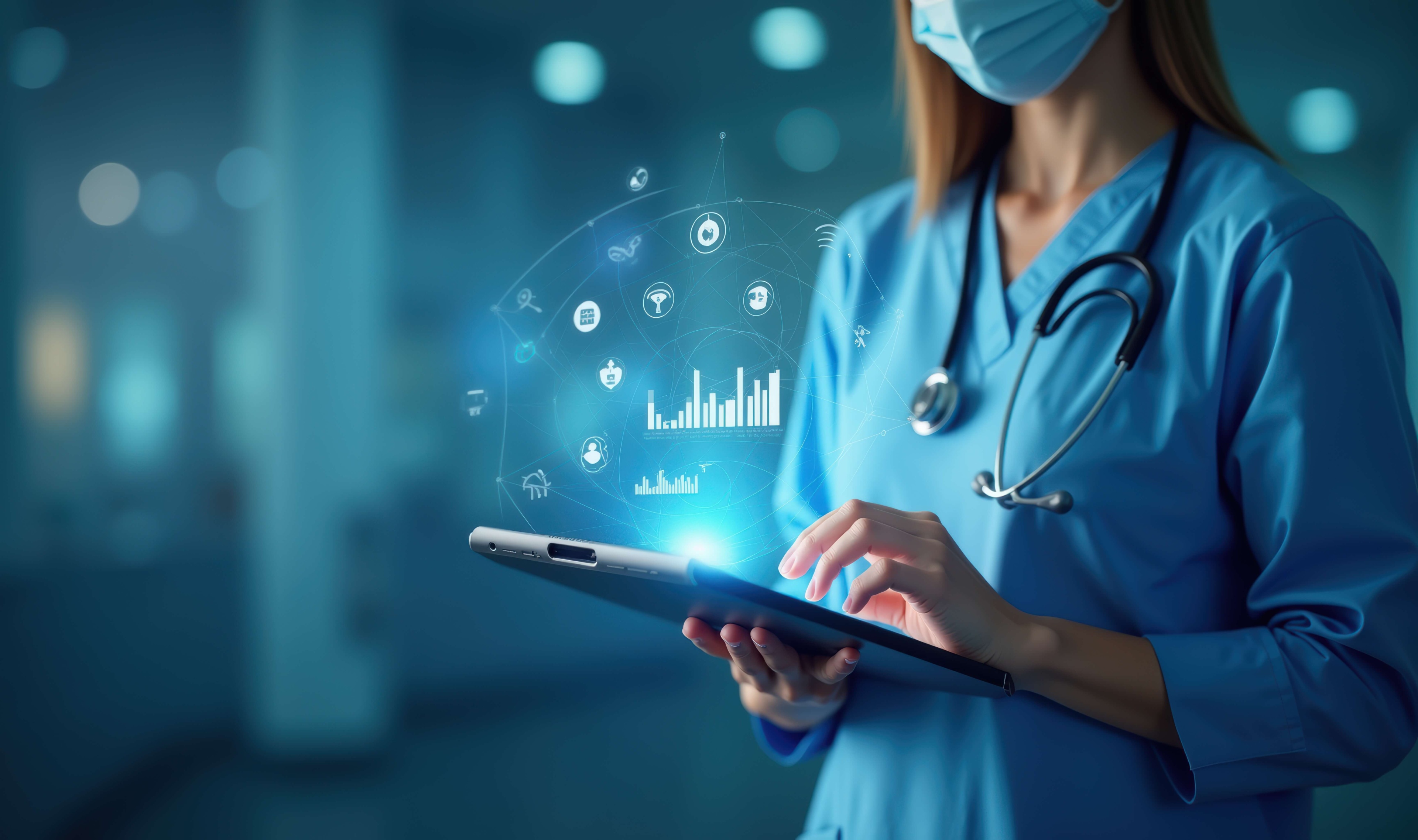 Eine Pflegefachkraft in einem blauen Kittel nutzt eine Tablet in der Pflege.