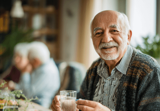 Herr mit weißem Bart sitzt am Frühstückstisch und hält in der einen Hand seine Medizin, in der anderen Hand ein Glas Wasser.