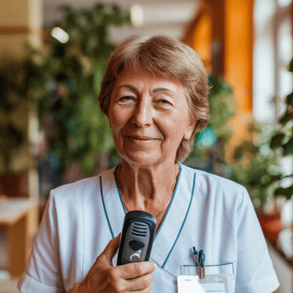 Dame mit kurzen Haaren und freundlichem Gesichtsausdruck schaut in die Kamera und hält ein Diktiergerät in der Hand.
