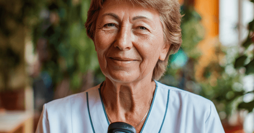 Dame mit kurzen Haaren und freundlichem Gesichtsausdruck schaut in die Kamera und hält ein Diktiergerät in der Hand.
