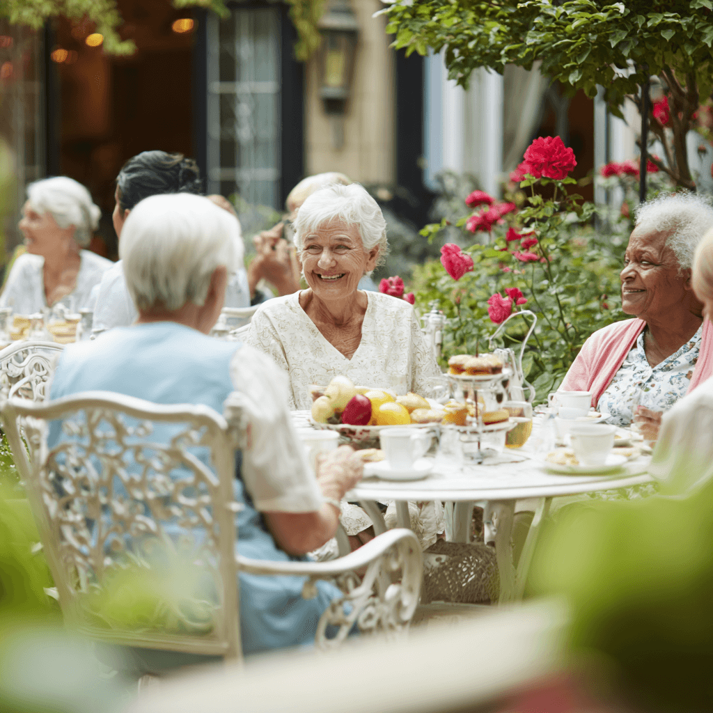 Gruppe von vier Seniorinnen sitzt lächelnd am Gartentisch.