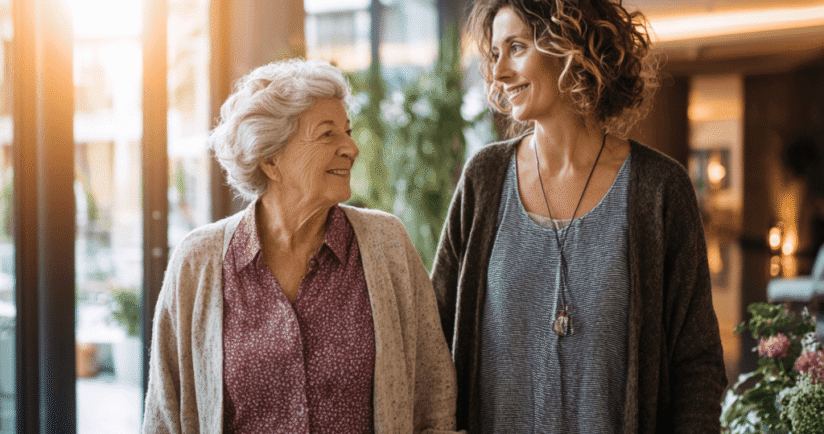 Seniorin geht Hand in Hand mit junger Dame durch den Eingang einer Seniorenresidenz.