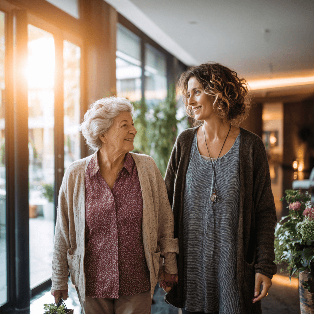 Seniorin geht Hand in Hand mit junger Dame durch den Eingang einer Seniorenresidenz.