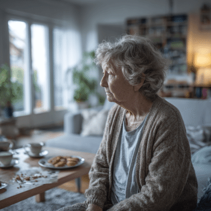 Verwirrte alte Dame in chaotischem Haushalt.