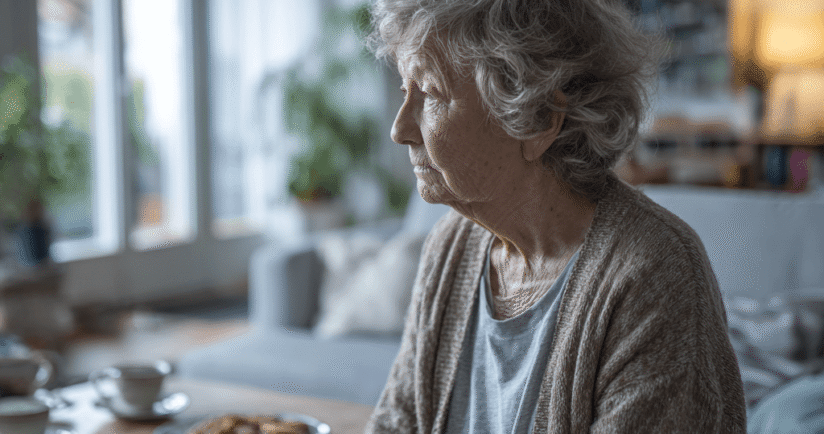 Verwirrte alte Dame in chaotischem Haushalt.