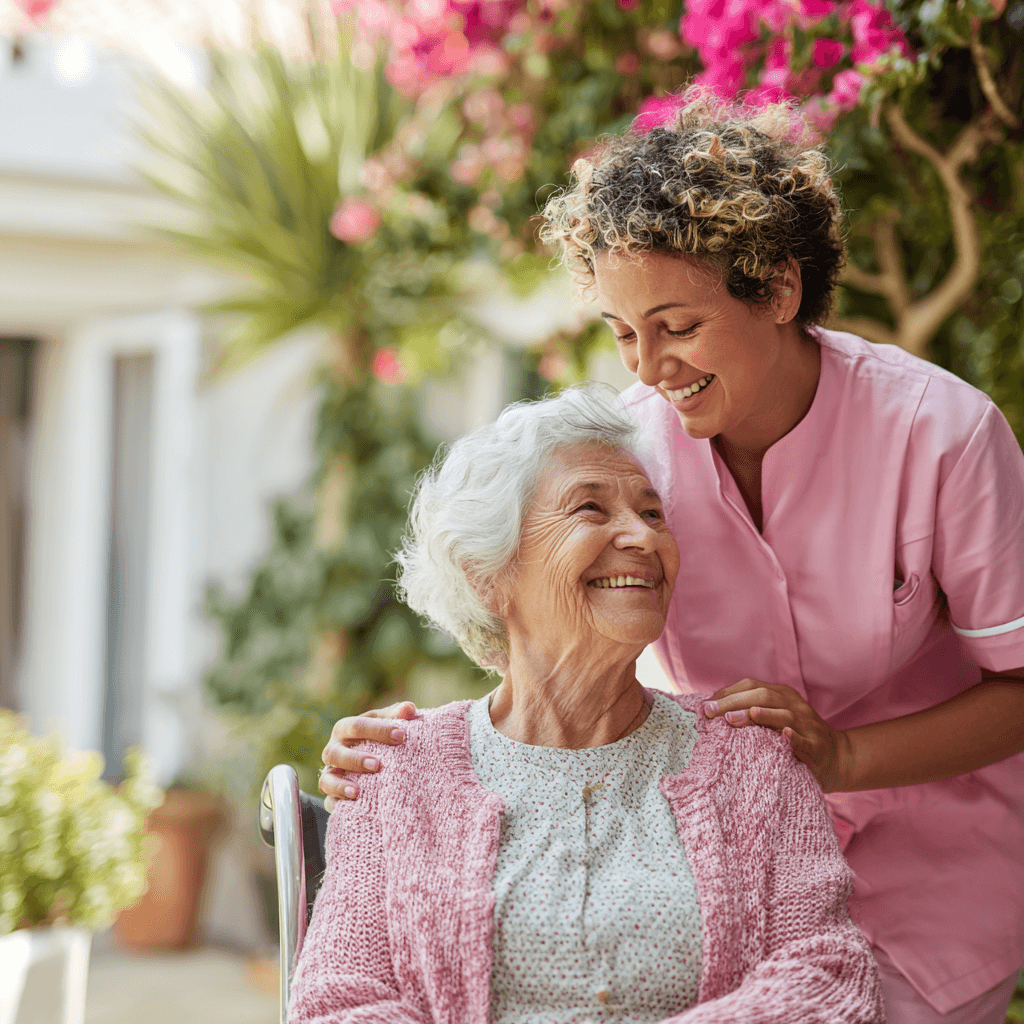 Pflegekraft unterstützt ältere Frau mit Alzheimer im Frühstadium – Hoffnung durch neues Demenz-Medikament Leqembi (Lecanemab).