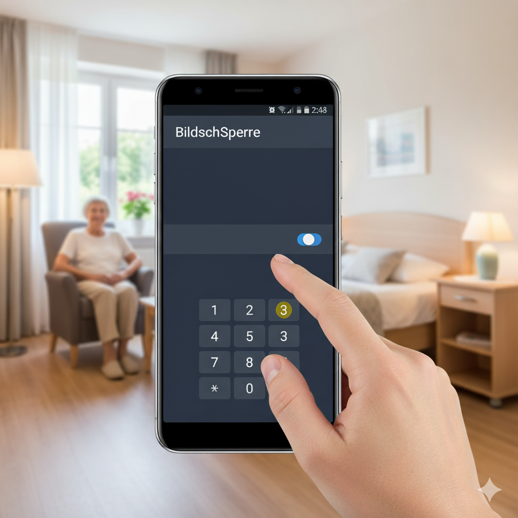 Bilschirmsperre auf dem Smartphone. Im Hintergrund ist eine Seniorin.