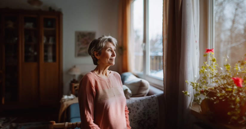 Ältere Frau am Fenster steht in ihrem Wohnzimmer