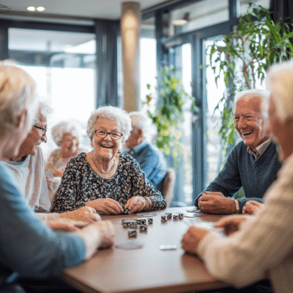 Gruppe von Senioren sitzt im Gruppenraum und spielt ausgelassen Gesellschaftsspiele.