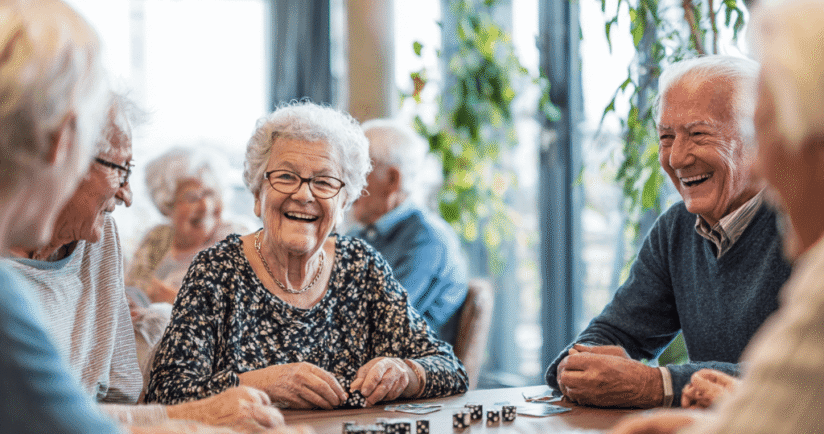 Gruppe von Senioren sitzt im Gruppenraum und spielt ausgelassen Gesellschaftsspiele.