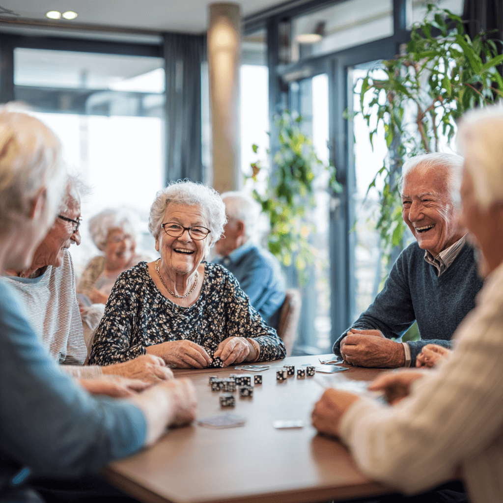 Gruppe von Senioren sitzt im Gruppenraum und spielt ausgelassen Gesellschaftsspiele.