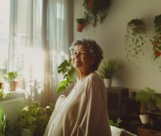 Ältere Frau guckt in die Kamera und steht in ihrem Wohnzimmer