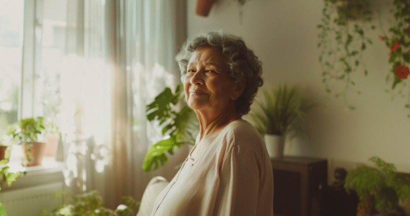 Ältere Frau guckt in die Kamera und steht in ihrem Wohnzimmer